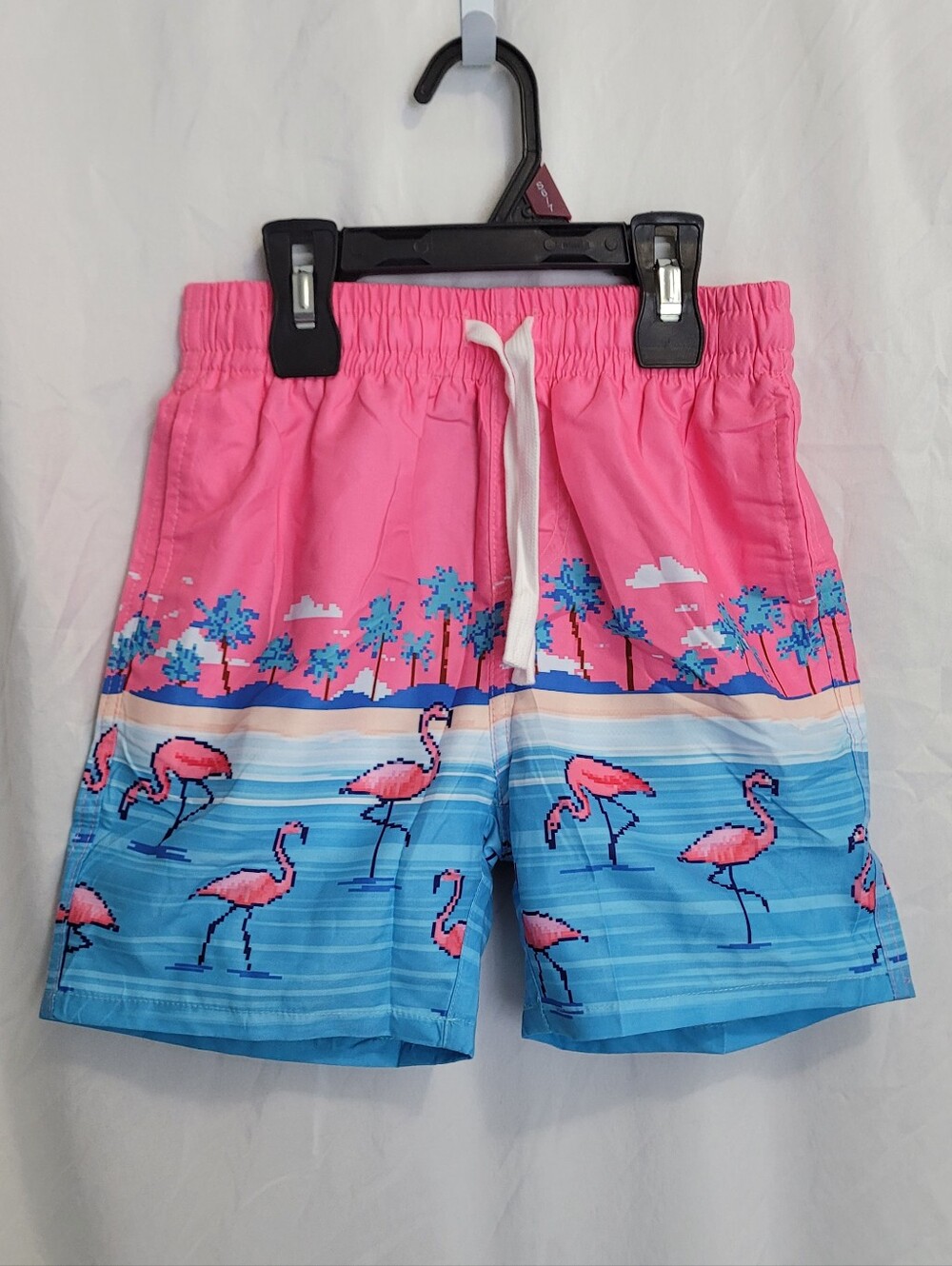 Kids Pink & Blue Flamingo Swim Trunks